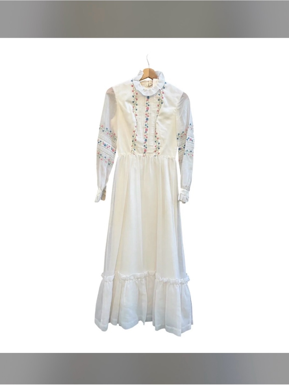 Ivory Embroidered Ruffle-Trim Maxi Dress